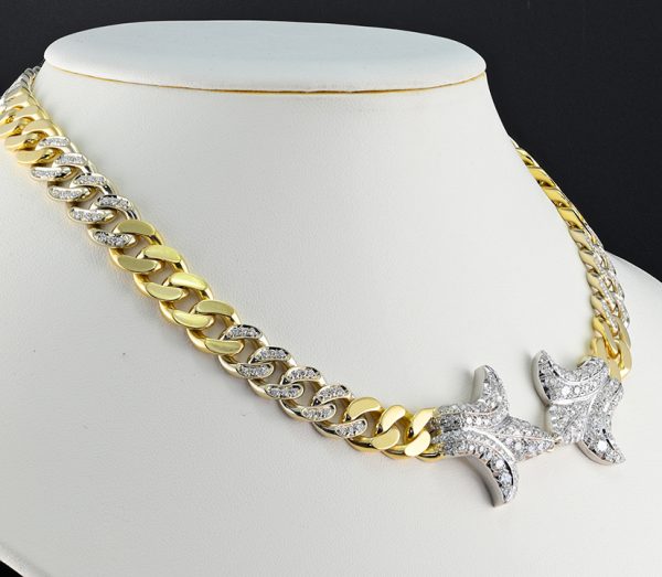 Vintage Italian 1940s Retro Diamond Set Gold and Platinum Curb Link Necklace with Fleur de Lys, 13.30 carat total