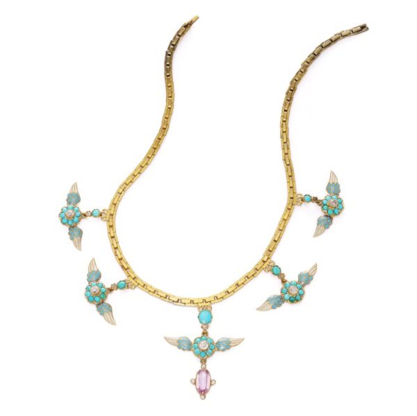 Antique Victorian 20ct Gold and Enamel Necklace with Diamond Turquoise Pink Tourmaline