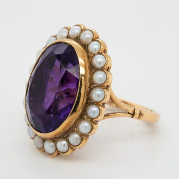Vintage Large Oval Amethyst and Pearl Cluster Cocktail Ring in 15ct Gold