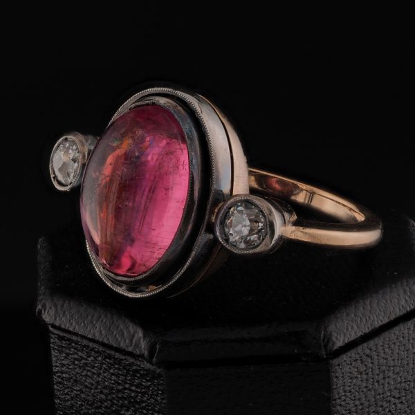 Antique 6ct Cabochon Pink Tourmaline and Old Mine Cut Diamond Trilogy Three Stone Engagement Ring