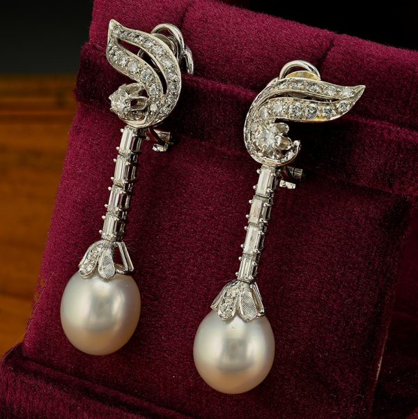 Vintage 1940s Retro South Sea Pearl and Diamond Drop Earrings, 2.15 carat total