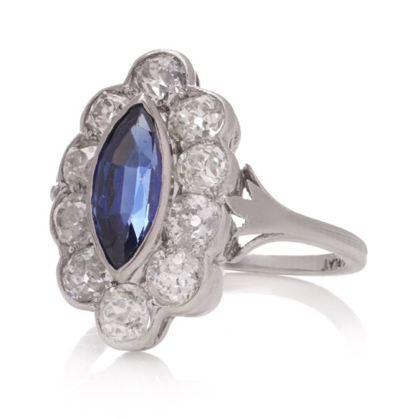 Art Deco 1ct Marquise Ceylon Sapphire and 2ct Old Cut Diamond Cluster Ring