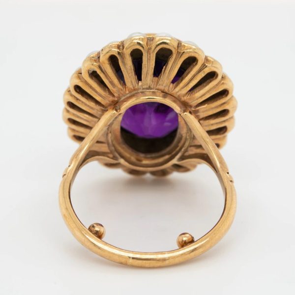 Vintage Large Oval Amethyst and Pearl Cluster Cocktail Ring in 15ct Gold