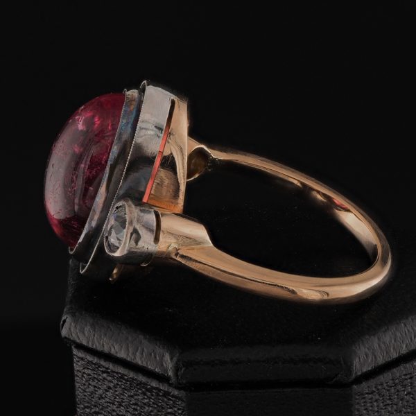 Antique 6ct Cabochon Natural Pink Tourmaline and Old Mine Cut Diamond Trilogy Three Stone Engagement Ring