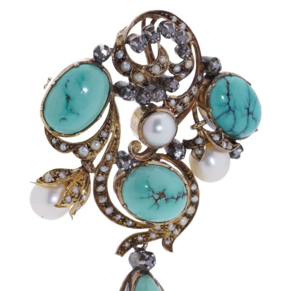 Antique Portuguese Turquoise Pearl and Diamond Pendant Brooch