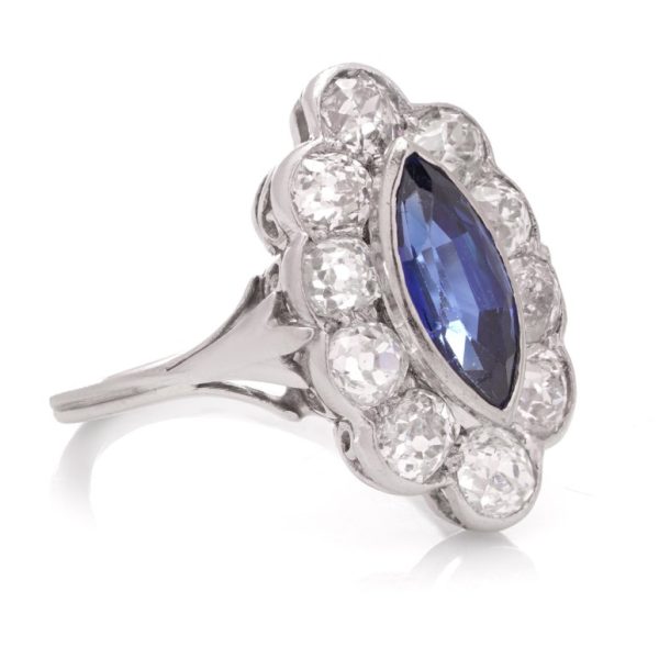 Art Deco 1ct Marquise Ceylon Sapphire and 2ct Old Cut Diamond Cluster Ring