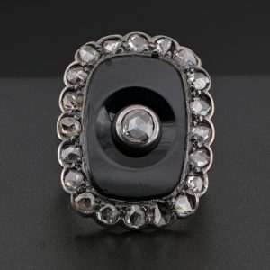Victorian Antique Rose Cut Diamond and Black Onyx Panel Plaque Ring, 2.10 carat total
