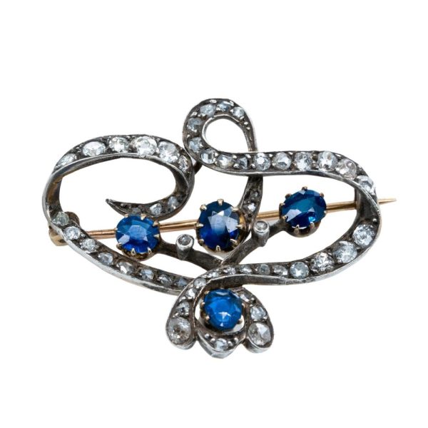 Antique Art Nouveau 3.50ct Sapphire and Rose Cut Diamond Brooch