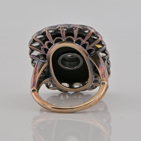 Victorian Antique Rose Cut Diamond and Black Onyx Panel Plaque Ring, 2.10 carat total