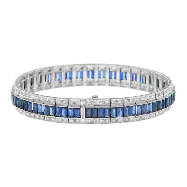 Art Deco Inspired 14.50ct Sapphire and Diamond Bracelet in 18ct White Gold