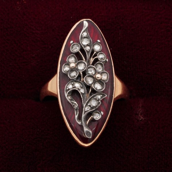 Antique French Georgian Red Enamel and Rose Cut Diamond Floral Giardinetti Navette Ring