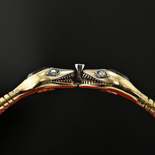 Vintage 1940s Retro Amethyst and Diamond Set 18ct Yellow Gold Snake Tubogas Bracelet