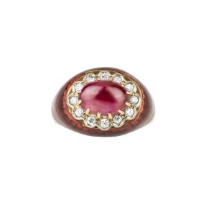Retro 2.75ct Cabochon Ruby Diamond Red Enamel Ring in 18ct Yellow Gold