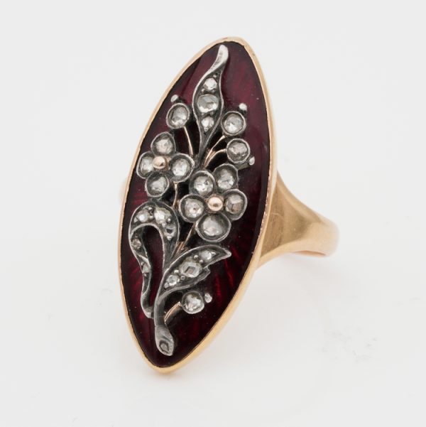 Georgian Antique French Red Enamel and Rose Cut Diamond Floral Giardinetti Navette Ring