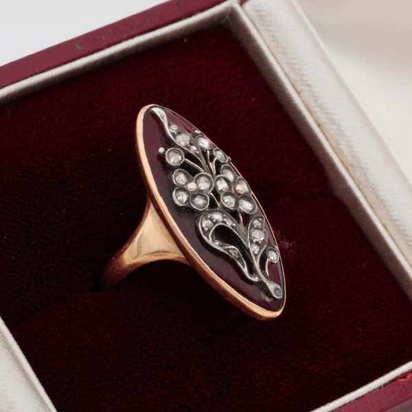 Georgian Antique French Red Enamel and Rose Cut Diamond Floral Giardinetti Navette Ring