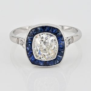 Vintage 2.10ct Old Mine Cut Diamond and Sapphire Target Cluster Engagement Ring in Platinum