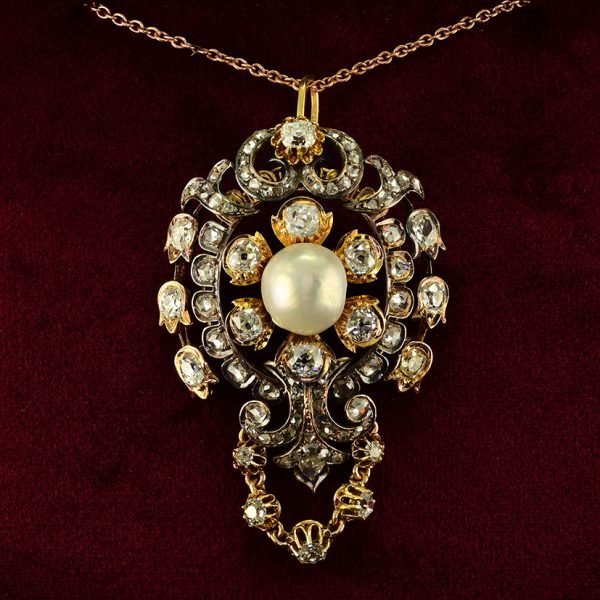 Victorian Antique 4.90ct Old Cut Diamond and Natural Pearl Pendant