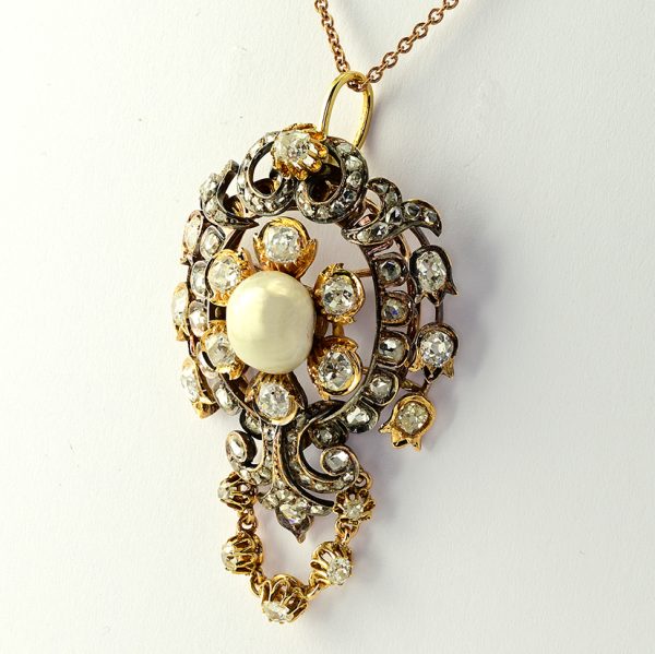 Victorian Antique 4.90ct Old Cut Diamond and Natural Pearl Pendant