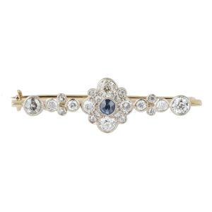 Edwardian Antique 2ct Old Cut Diamond and Sapphire Floral Cluster Bar Brooch