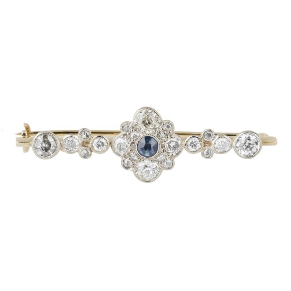 Edwardian Antique 2ct Old Cut Diamond and Sapphire Floral Cluster Bar Brooch