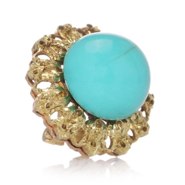 Vintage Mario Buccellati Turquoise and Gold Flower Cluster Clip On Earrings