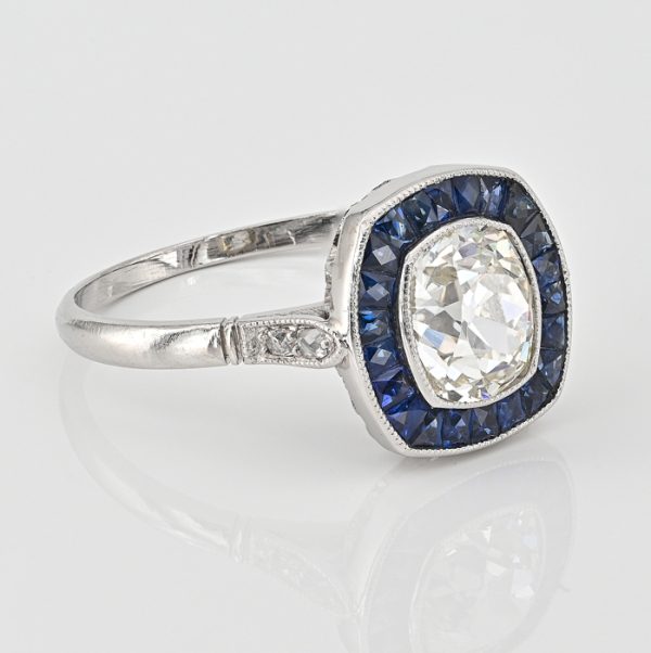 Vintage 2.10ct Old Mine Cut Diamond and Sapphire Target Cluster Engagement Ring in Platinum
