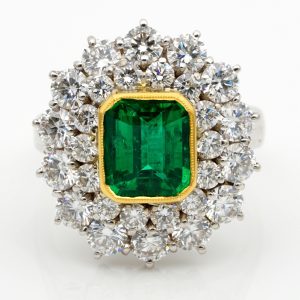 Vintage 2ct Emerald and Diamond Cluster Dress Ring