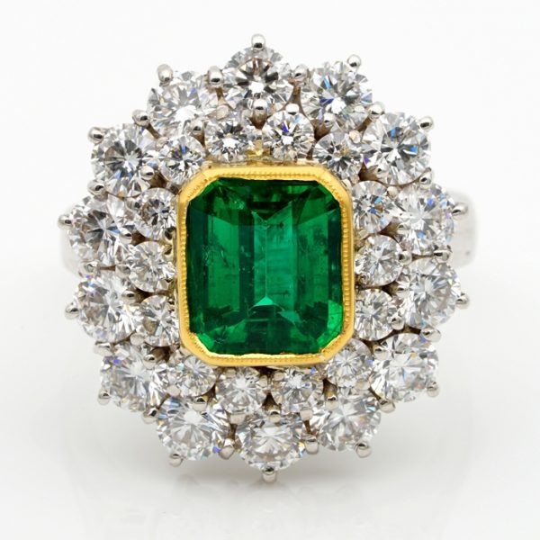 Vintage 2ct Emerald and Diamond Cluster Dress Ring,