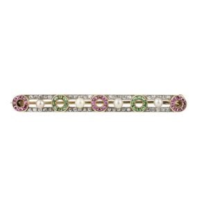Edwardian Diamond Pearl Emerald Ruby Bar Brooch
