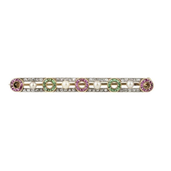 Edwardian Antique Rose Cut Diamond Pearl Emerald Ruby Bar Brooch