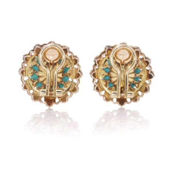 Vintage Mario Buccellati Turquoise and 18ct Yellow Gold Flower Cluster Clip On Earrings