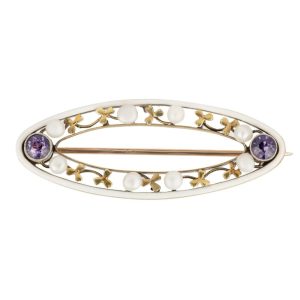 Art Nouveau Amethyst Pearl and White Enamel Brooch in 15ct Yellow Gold
