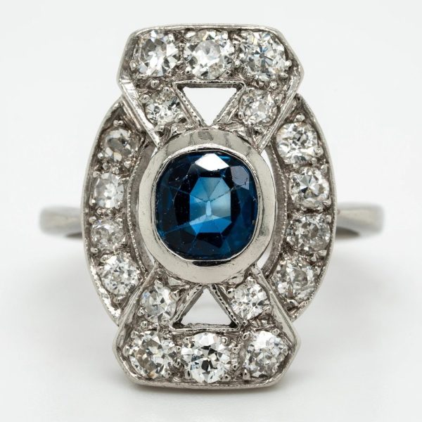 Late Art Deco 1ct Sapphire and 1.50ct Old Mine Cut Diamond Tablet Ring