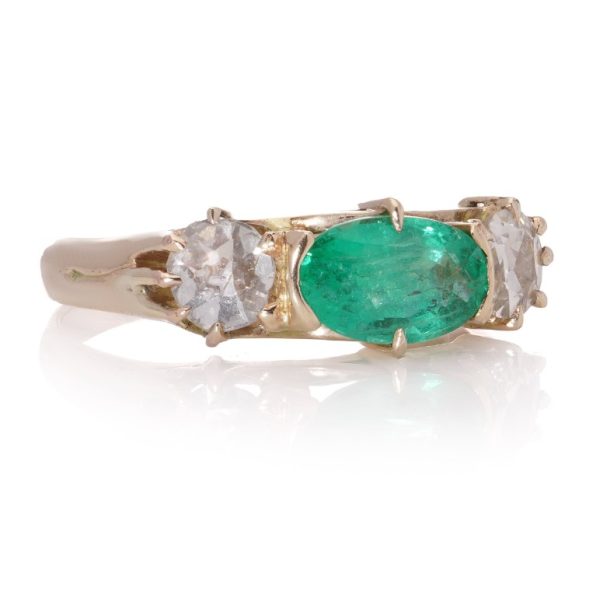 1ct Colombian Emerald and Old Cut Diamond Three Stone Engagement Ring in 18ct yellow gold
