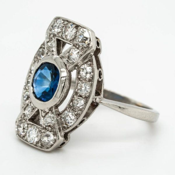Late Art Deco 1ct Sapphire and 1.50ct Old Mine Cut Diamond Tablet Ring