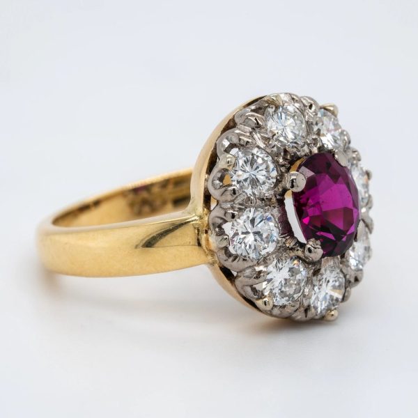 Vintage 1ct Ruby and 1.20ct Old Mine Cut Diamond Cluster Engagement Ring
