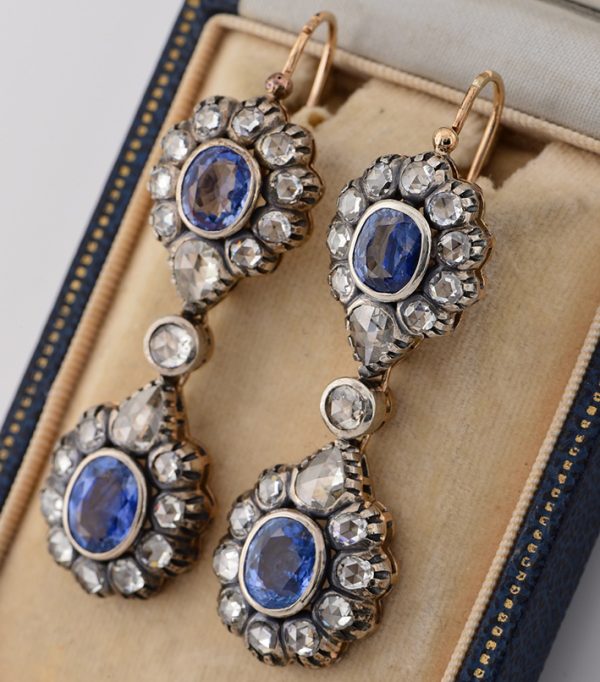 Victorian Antique 8.80ct Natural Ceylon Sapphire and Diamond Double Cluster Drop Earrings in silver and 18ct gold. Late 19th century Circa 1880