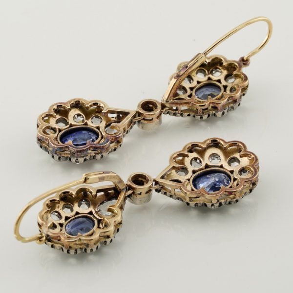 Victorian Antique 8.80ct Natural Ceylon Sapphire and Diamond Double Cluster Drop Earrings in silver and 18ct gold. Late 19th century Circa 1880