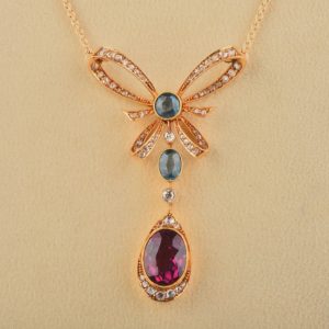 Edwardian Antique 4ct Red and Blue Tourmaline Diamond Bow Lavaliere Necklace