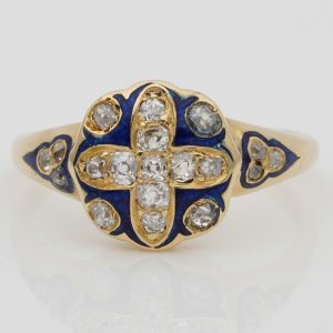 Victorian Antique Blue Enamel and Diamond Cross Cluster Ring