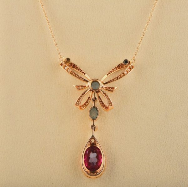 Edwardian Antique 4ct Red and Blue Tourmaline Diamond Bow Lavaliere Necklace