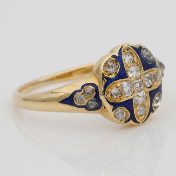 Victorian Antique Royal Blue Enamel and Old Mine Cut Diamond Cross Cluster Ring