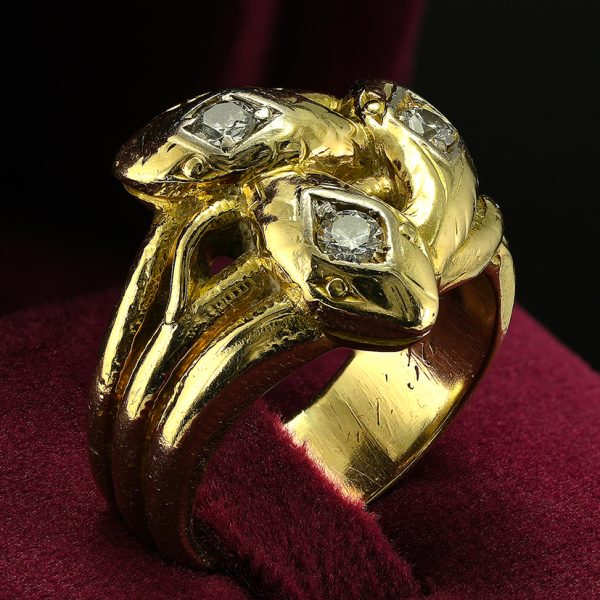 Antique 0.45ct Diamond Set 14ct Yellow Gold Snake Ring