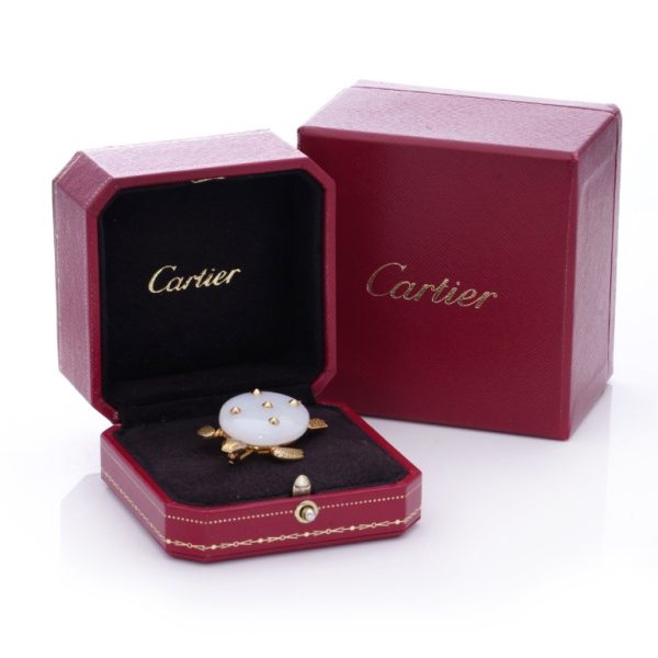 Cartier Vintage White Chalcedony and 18ct Yellow Gold Turtle Brooch with Rose Cut Diamond Eyes