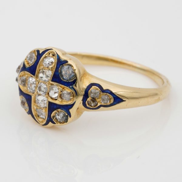 Victorian Antique Royal Blue Enamel and Old Mine Cut Diamond Cross Cluster Ring