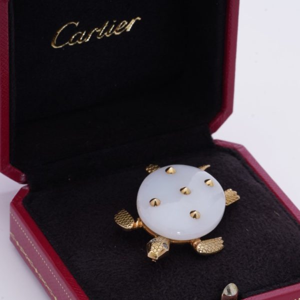 Cartier Vintage White Chalcedony and 18ct Yellow Gold Turtle Brooch with Rose Cut Diamond Eyes