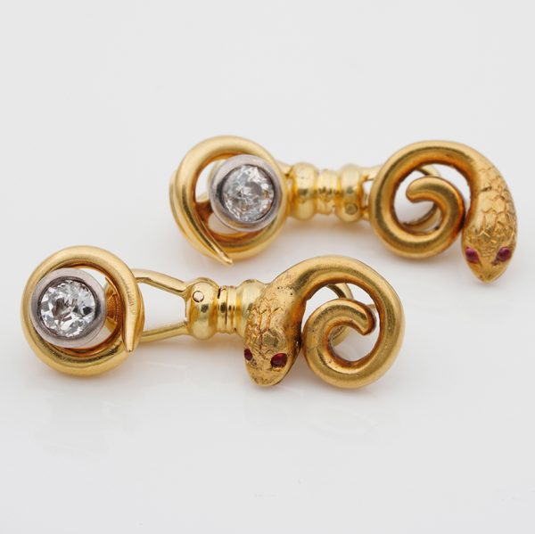 Victorian Antique Gold Snake Cufflinks with Diamonds