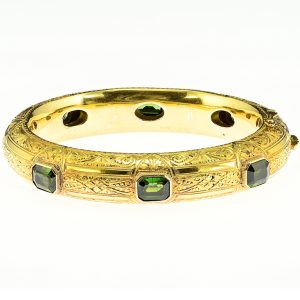 Antique Green Tourmaline Ornate Engraved Carved 18ct Yellow Gold Bangle Bracelet