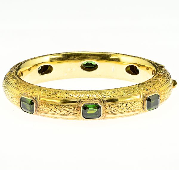 Antique Green Tourmaline Ornate Engraved Carved 18ct Yellow Gold Bangle Bracelet