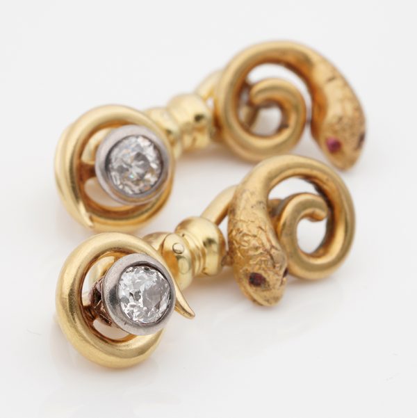 Victorian Antique Gold Snake Cufflinks with Old Mine Cut Diamonds and Ruby Eyes